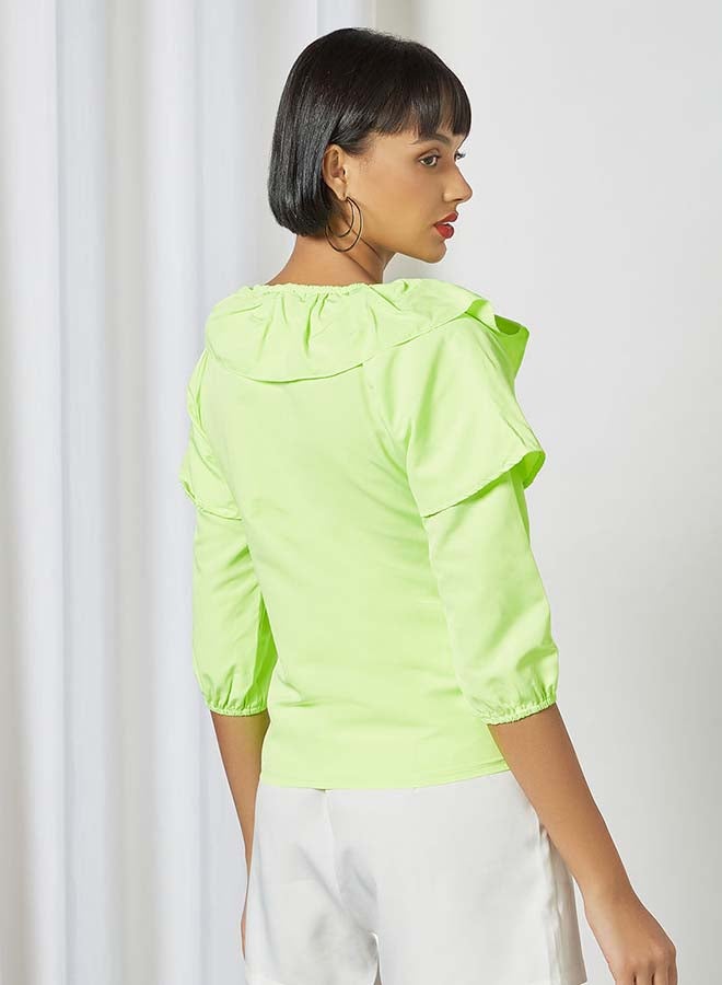Solid Design Round Neck With Collar Front Top Green