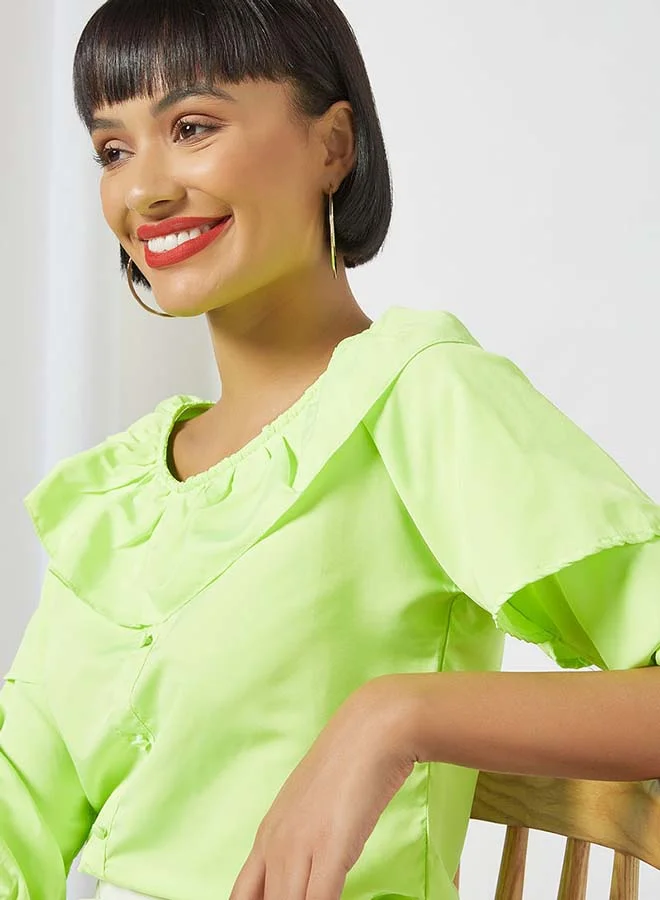 Aila Solid Design Round Neck With Collar Front Top Green