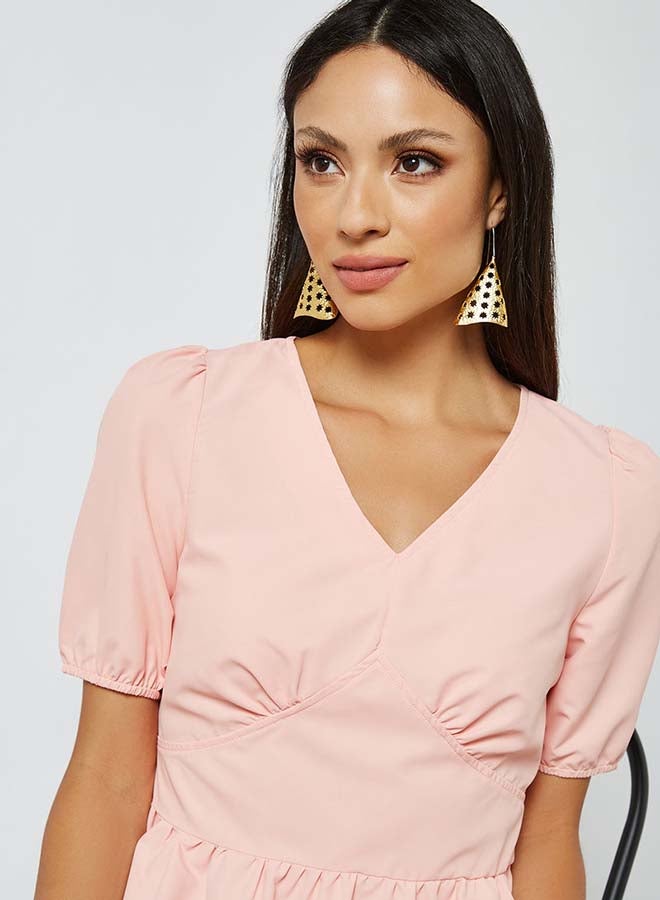 Aila Solid Design V-Neck With Puff Sleeves Top Pink  - Image 4