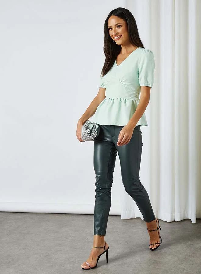 Aila Solid Design V-Neck With Puff Sleeves Top Green