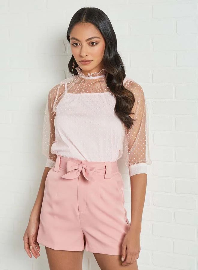 Aila Round Neck Tie Belt Detail Top Pink