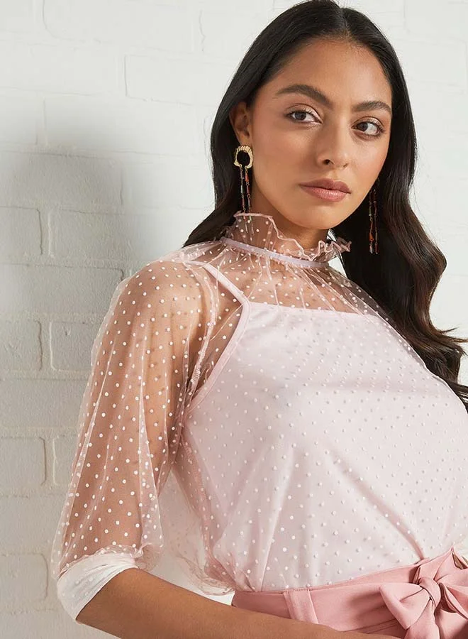 Aila Round Neck Tie Belt Detail Top Pink