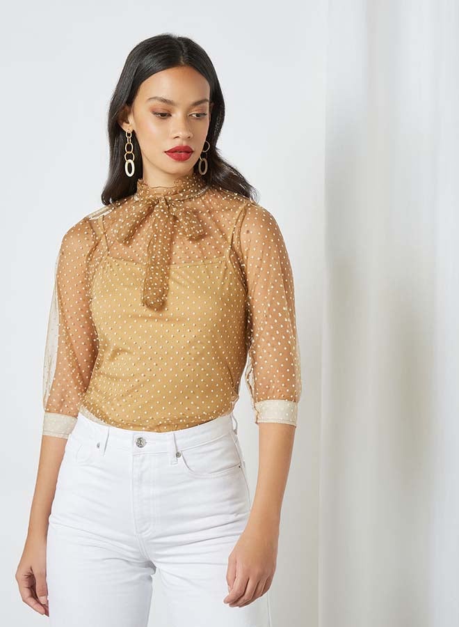 Aila - Round Neck Tie Belt Detail Top Brown - Image 1