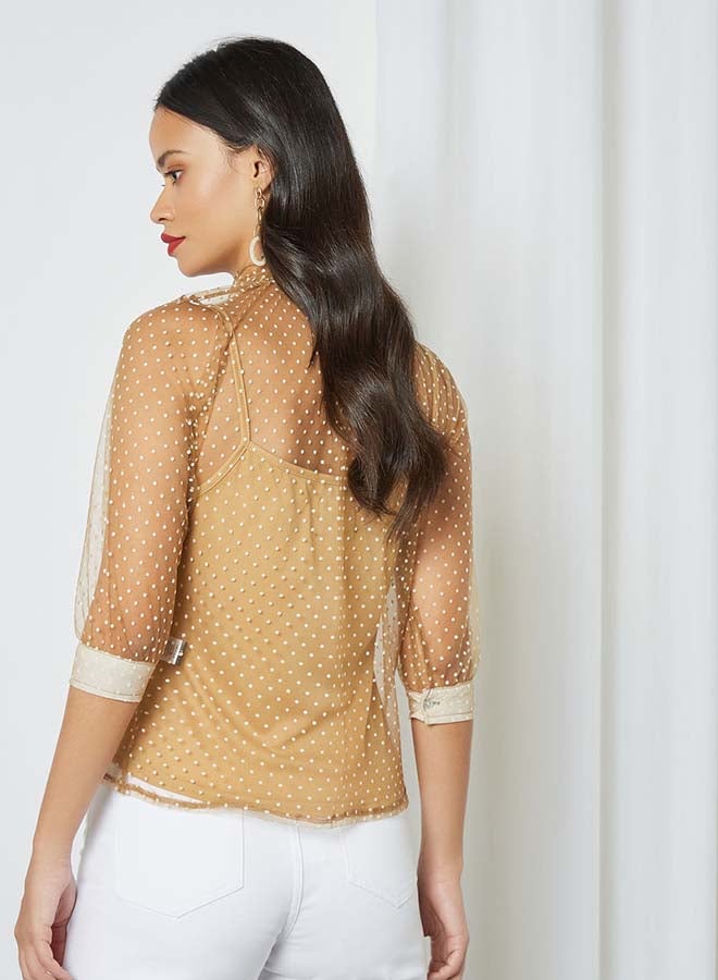 Aila - Round Neck Tie Belt Detail Top Brown - Image 1