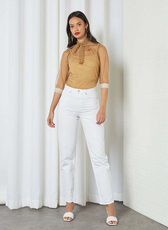 Aila - Round Neck Tie Belt Detail Top Brown - Image 1
