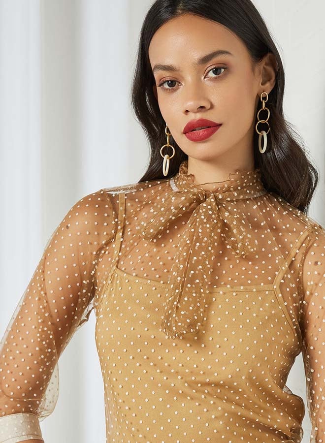 Aila - Round Neck Tie Belt Detail Top Brown - Image 1