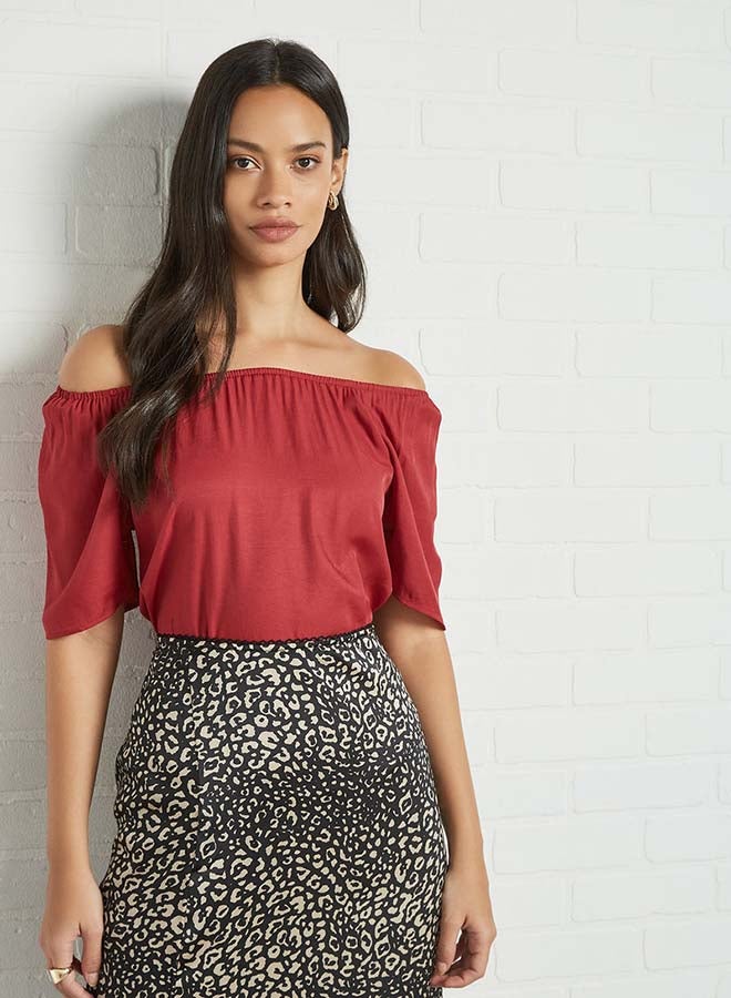 Aila Solid Design Square Neck With Puff Sleeves Top Red - Image 1