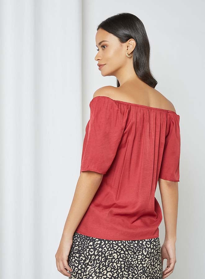 Aila Solid Design Square Neck With Puff Sleeves Top Red - Image 2
