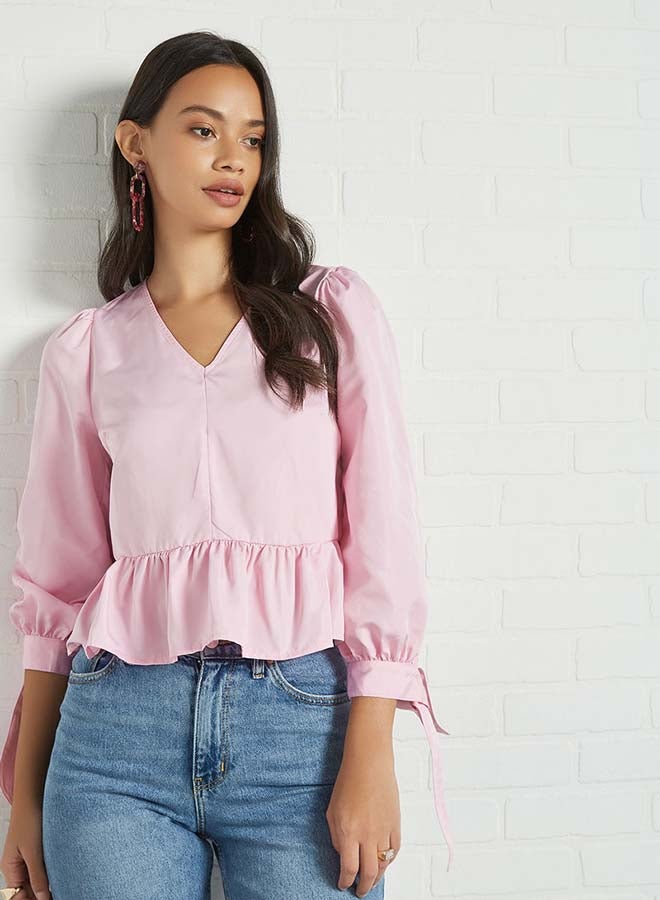 Aila - Solid Design V-Neck With Bow Cuff Top Purple - Image 1