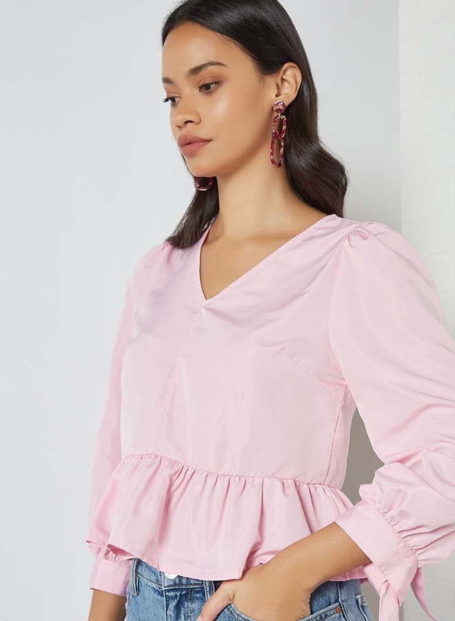 Aila - Solid Design V-Neck With Bow Cuff Top Purple - Image 1