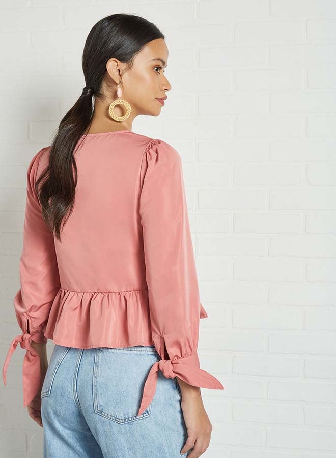 Aila Solid Design V-Neck With Bow Cuff Top Pink - Image 2