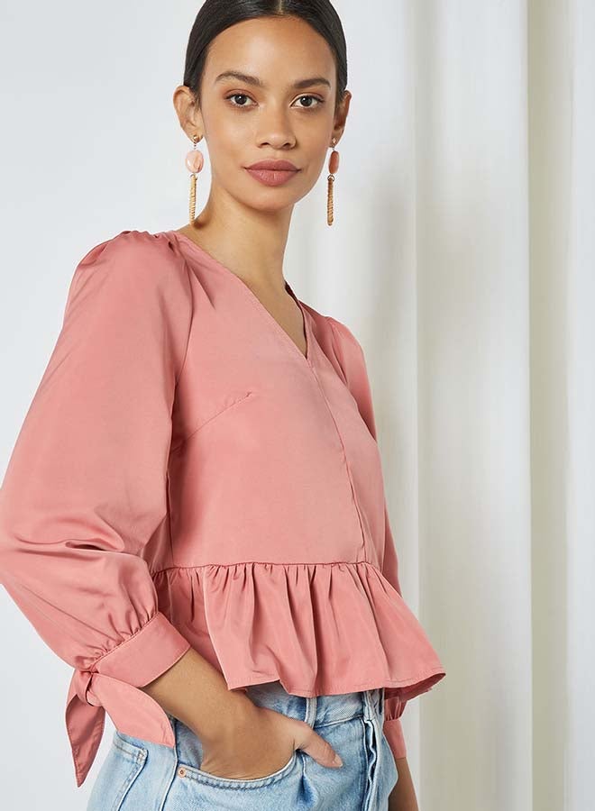 Aila Solid Design V-Neck With Bow Cuff Top Pink - Image 4