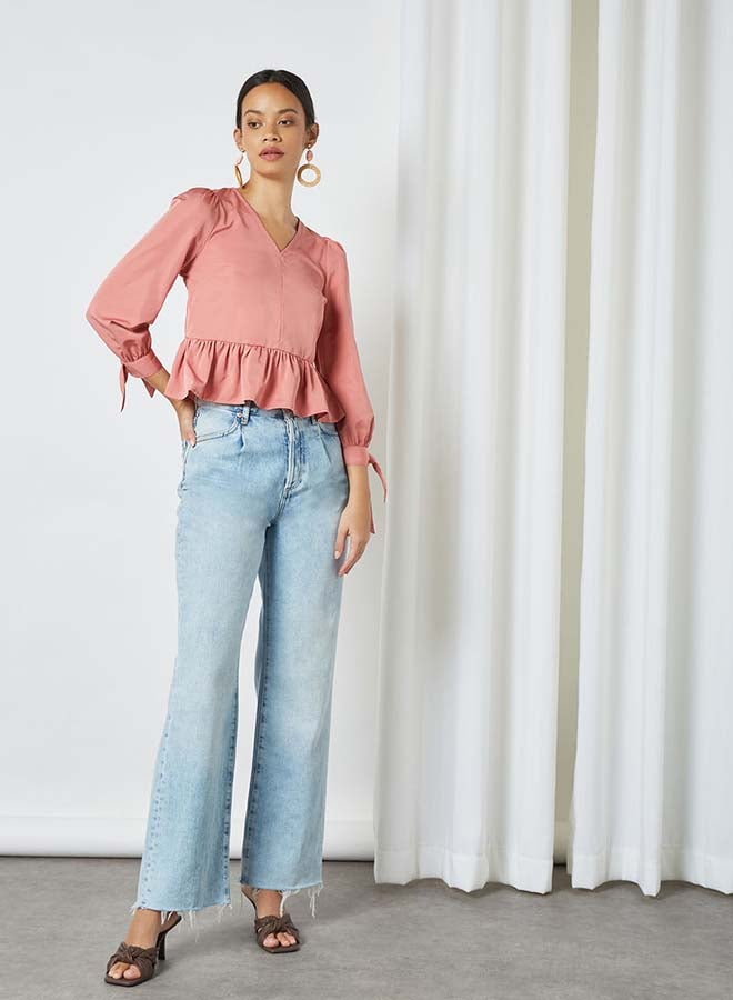 Aila Solid Design V-Neck With Bow Cuff Top Pink - Image 3
