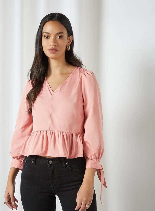 Aila - Solid Design V-Neck With Bow Cuff Top Rust - Image 1