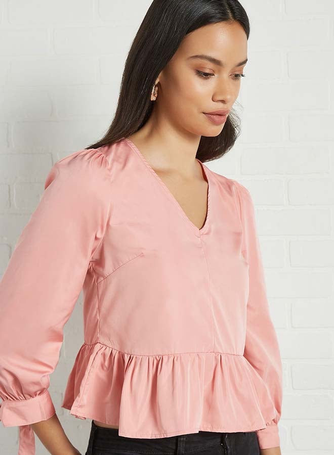 Aila - Solid Design V-Neck With Bow Cuff Top Rust - Image 1