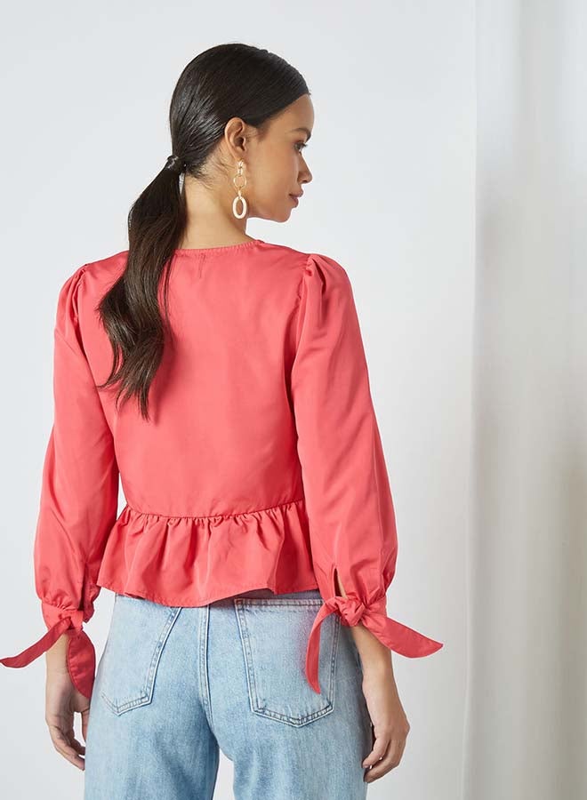 Aila Solid Design V-Neck With Bow Cuff Top Red - Image 2