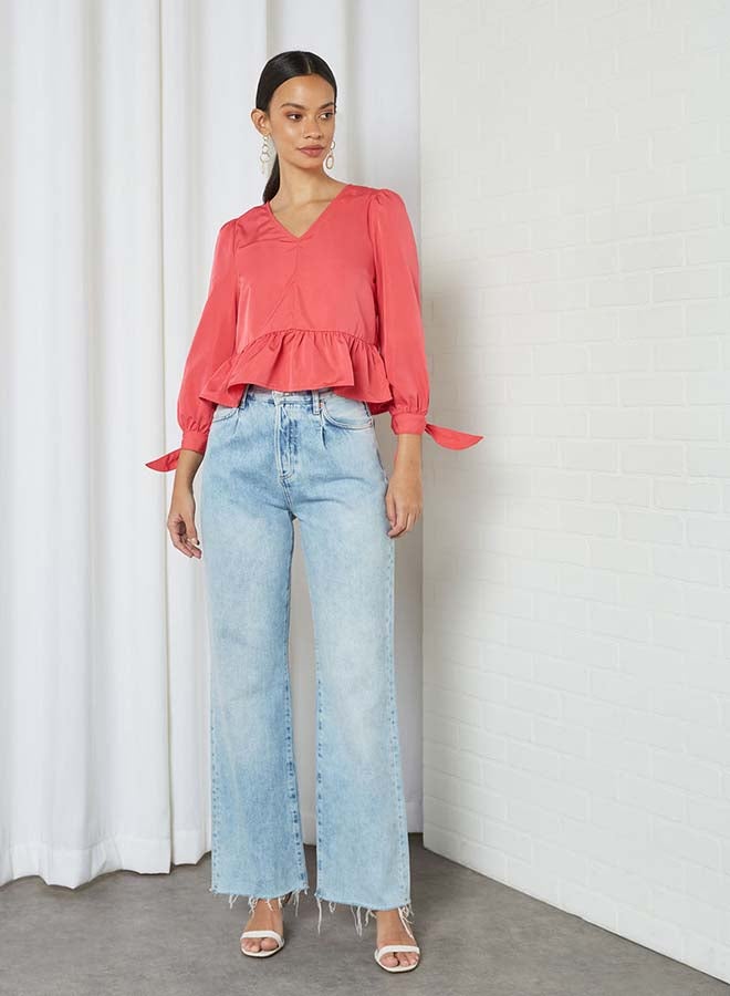 Aila Solid Design V-Neck With Bow Cuff Top Red - Image 3