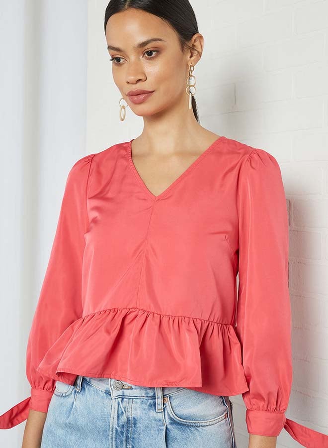 Aila Solid Design V-Neck With Bow Cuff Top Red - Image 4
