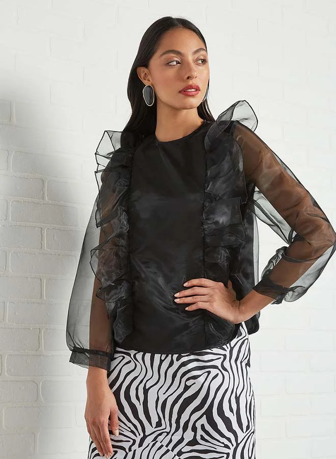 Aila Round Neck Top With Ruffle Detailing Black