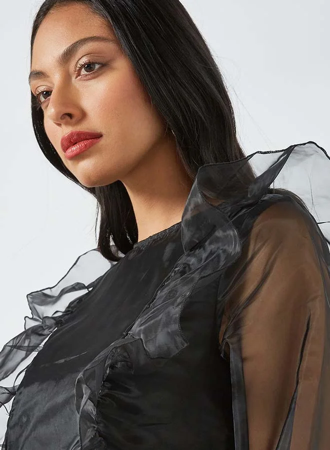 Aila Round Neck Top With Ruffle Detailing Black