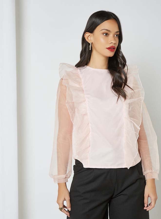 آيلا بلوزة سادة بفتحة كف مكشكشة وفتحة رقبة مستديرة وردي - Image 1