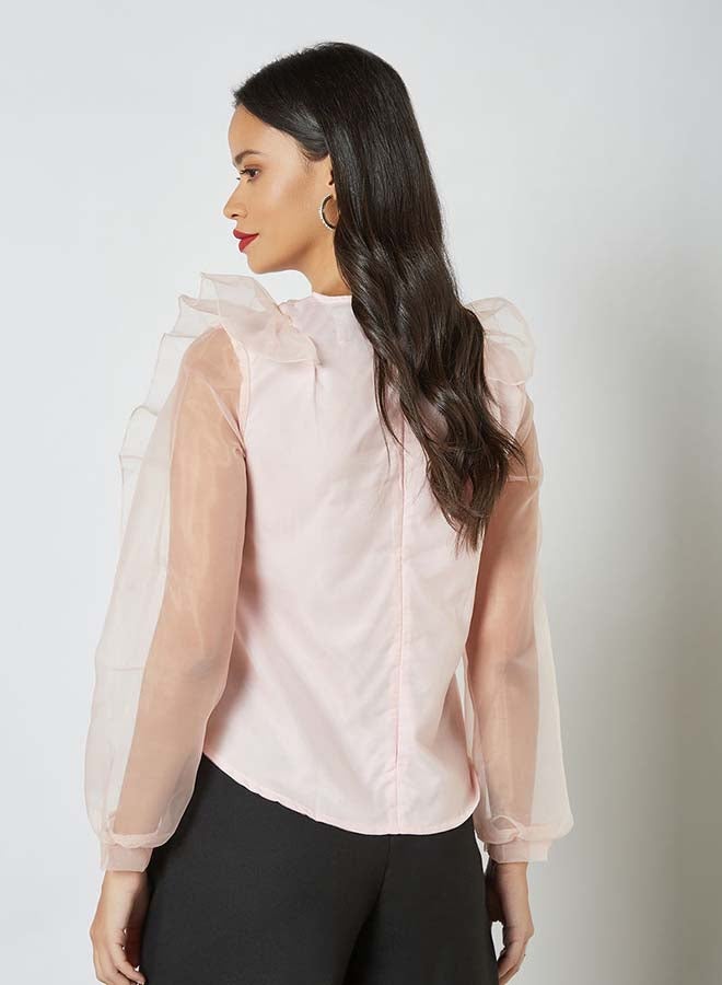 آيلا بلوزة سادة بفتحة كف مكشكشة وفتحة رقبة مستديرة وردي - Image 2