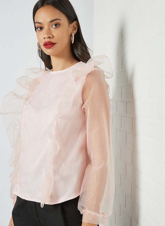 آيلا بلوزة سادة بفتحة كف مكشكشة وفتحة رقبة مستديرة وردي - Image 4