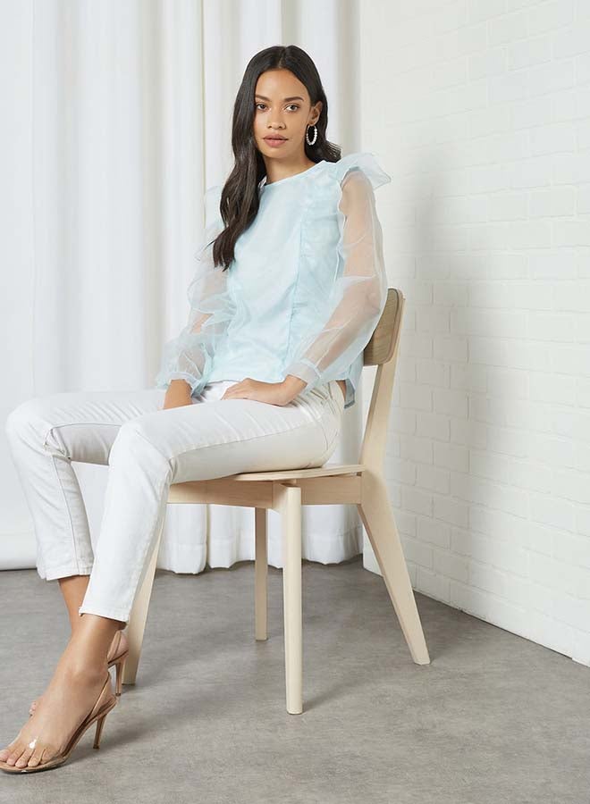 Aila - Solid Design Round Neck With Ruffle Armhole Top Blue - Image 1