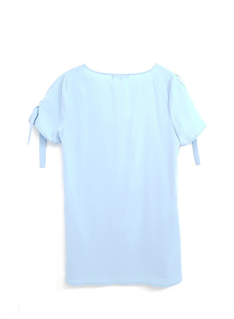 Aila - Casual Polyester Blend Short Sleeve Mini Dress With Round Neck With Sleeve Tie Knot Blue - Image 1
