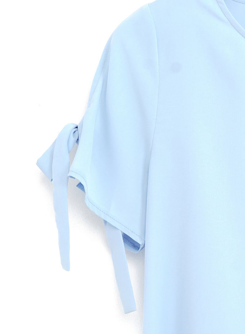 Aila - Casual Polyester Blend Short Sleeve Mini Dress With Round Neck With Sleeve Tie Knot Blue - Image 1