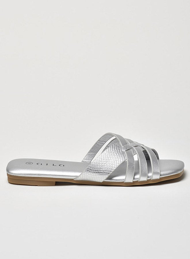 Aila - Animal Pattern Multi Strap Flat Sandals Silver - Image 1