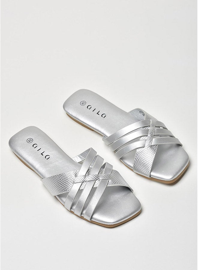 Aila - Animal Pattern Multi Strap Flat Sandals Silver - Image 1