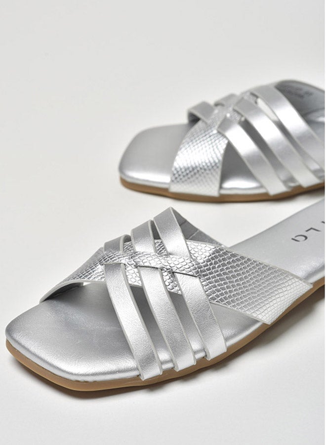 Aila - Animal Pattern Multi Strap Flat Sandals Silver - Image 1