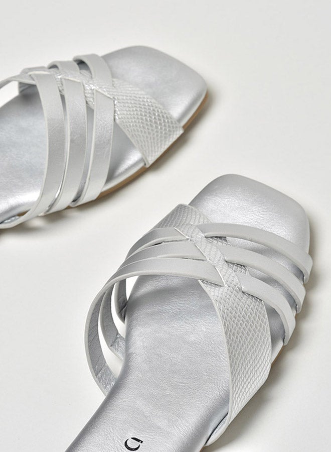 Aila - Animal Pattern Multi Strap Flat Sandals Silver - Image 1