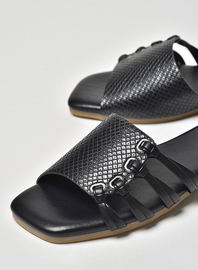 Aila - Animal Pattern Knot Strap Flat Sandals Black - Image 1