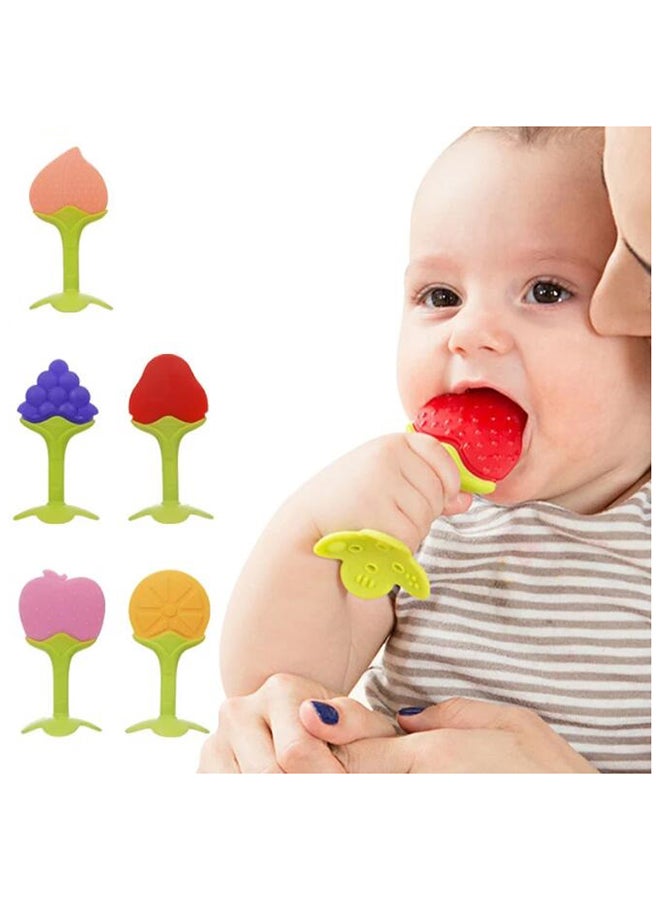 Food-grade Non-toxic Soft Silicone Fruit Teething Toy With Holder for Baby, Pink/Green  - Image 3