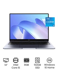 Matebook 14 2021 KELVIND-WDH9A Laptop With 14 Inch LED Display, Intel Core i5 11th Gen CPU 2.4GHz, 8GB RAM, 512GB SSD, Intel Iris Xe Graphics, Win 10 Arabic Space Grey