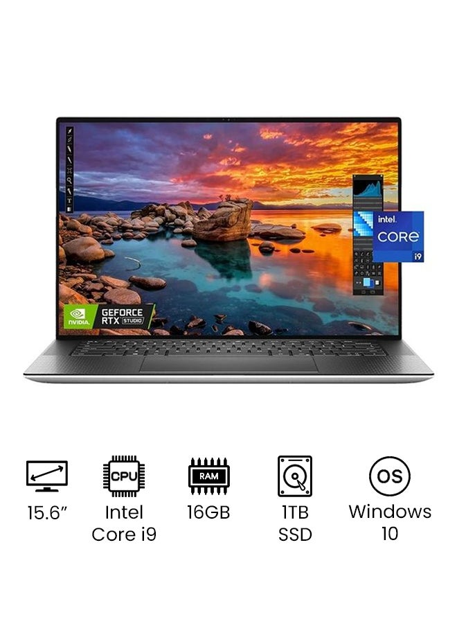 ديل - لابتوب XPS 15 9510 بشاشة 15.6 بوصة بدقةٍ كاملة الوضوح، ومعالج كور I9 طراز 11900H وذاكرة رام 16 جيجابايت ومحرك أقراص SSD سعة 1 تيرابايت وبطاقة رسومات إنفيديا RTX 3050Ti سعة 4 جيجابايت ونظام تشغيل ويندوز 10 / الإصدار العالمي الإنجليزية/العربية لون فضي بلاتيني من الخارج وأسود من الداخل - Image 1