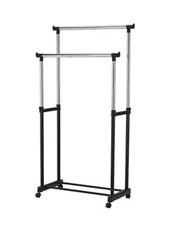Double Pole Clothes Portable Rack Hanger Extendable Rolling Garments Silver