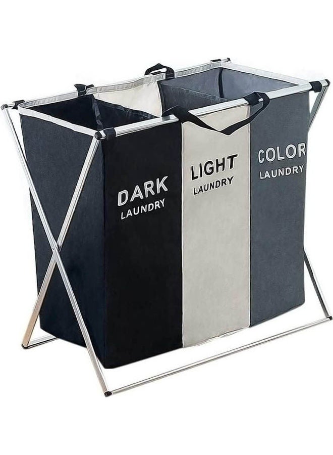 Generic - Nordic Fabric Folding Large Laundry Basket 3 Bag Triple Laundry Sorter Home Compartment With Bracket Oxford Cloth Hamper Multicolour - Image 1