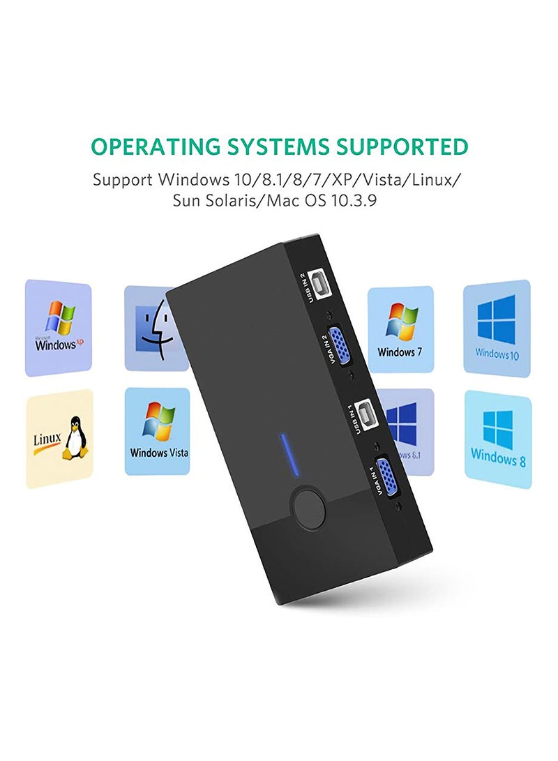 Noon East - 3 Port USB KVM Switch Box VGA Video Sharing Adapter 2 In 1 Out USB VGA KVM Switch Black - Image 1