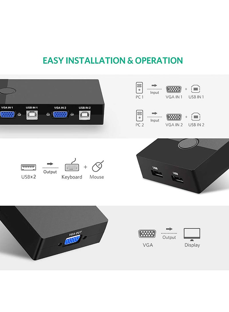 Noon East - 3 Port USB KVM Switch Box VGA Video Sharing Adapter 2 In 1 Out USB VGA KVM Switch Black - Image 1