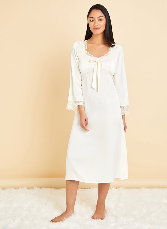 Closet By Styli - Lace Insert Tie Front Satin Midi Nightdress Cream - Image 1