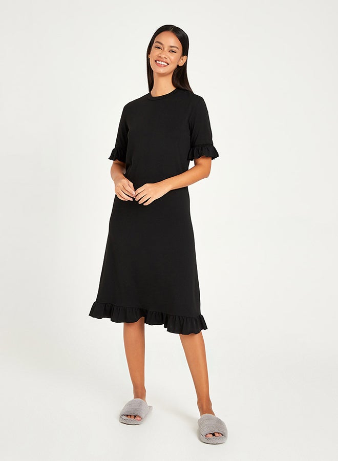 Ruffle Trim Detail Short Sleeves Midi Sleep Nightdress Black - v1649833175/N52742546V_1