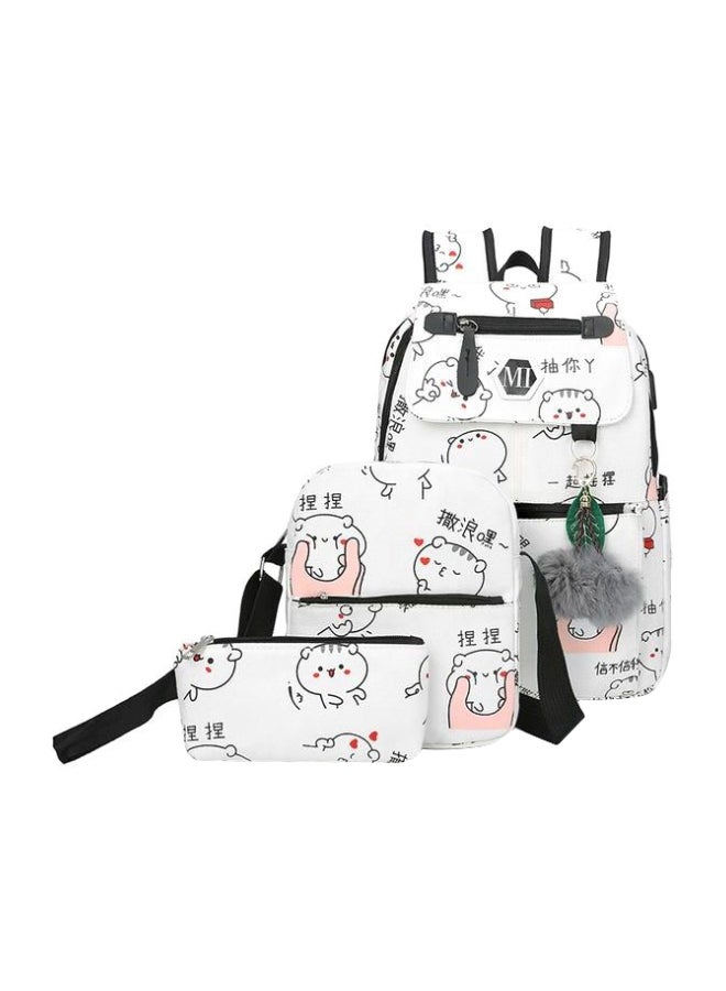 3-Piece Printed Bag Set With USB Charging Port White/Black/Pink