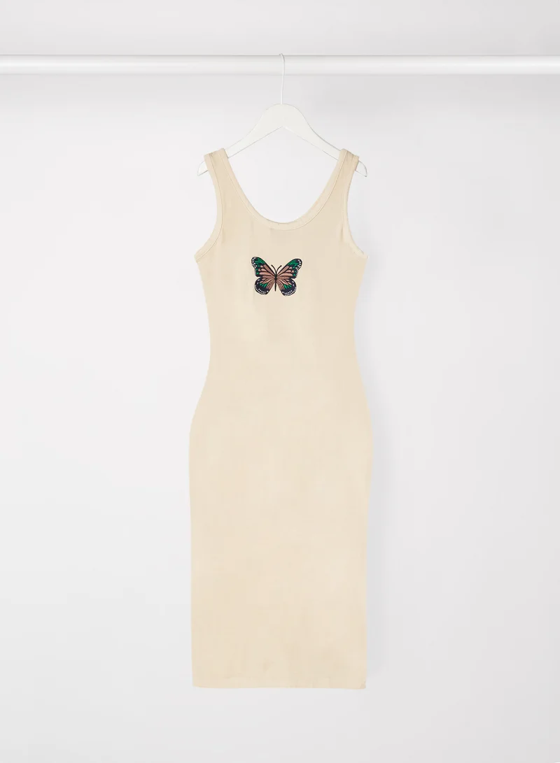 Sivvi x GenM Butterfly Embroidered Midi Dress Beige