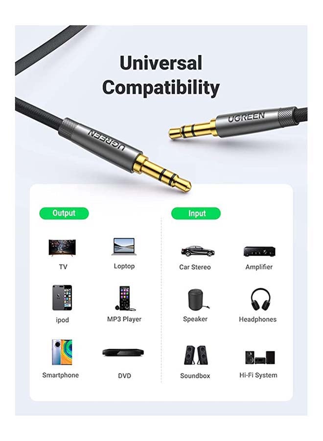 Ugreen - 1M 3.5mm Audio Cable Aux Cable Braided Male to Male Stereo Auxiliary Aux Jack for iPhone iPad Samsung Smartphones Tablets Car Home Stereos Headphones Speaker Black - Image 1