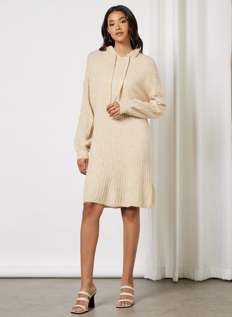 ONLY Ribbed Hooded Dress Light Beige