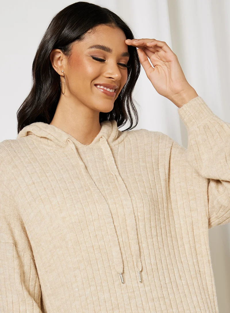 ONLY Ribbed Hooded Dress Light Beige