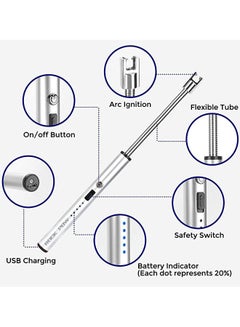 Rock Pow 360 Degree Windproof Flameless Flexible Neck Long USB Type-C Rechargeable Electric Candle Arc Lighter With LED Battery Display And Safety Switch Silver 26 x 1.5 x 1.5cm  - Image 3